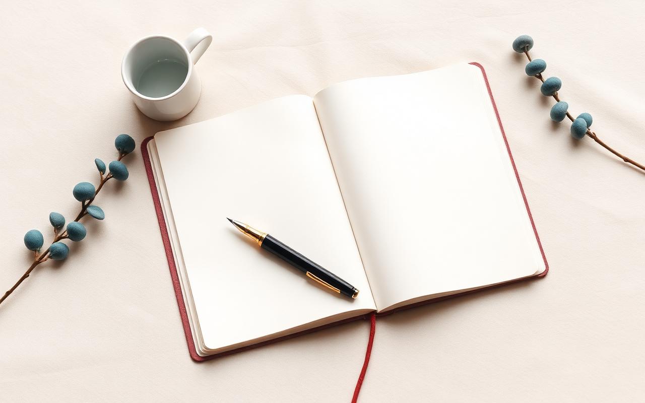 An open notebook and pen on a linen surface beside a ceramic cup and sprig of foliage — a quiet space for reflection.