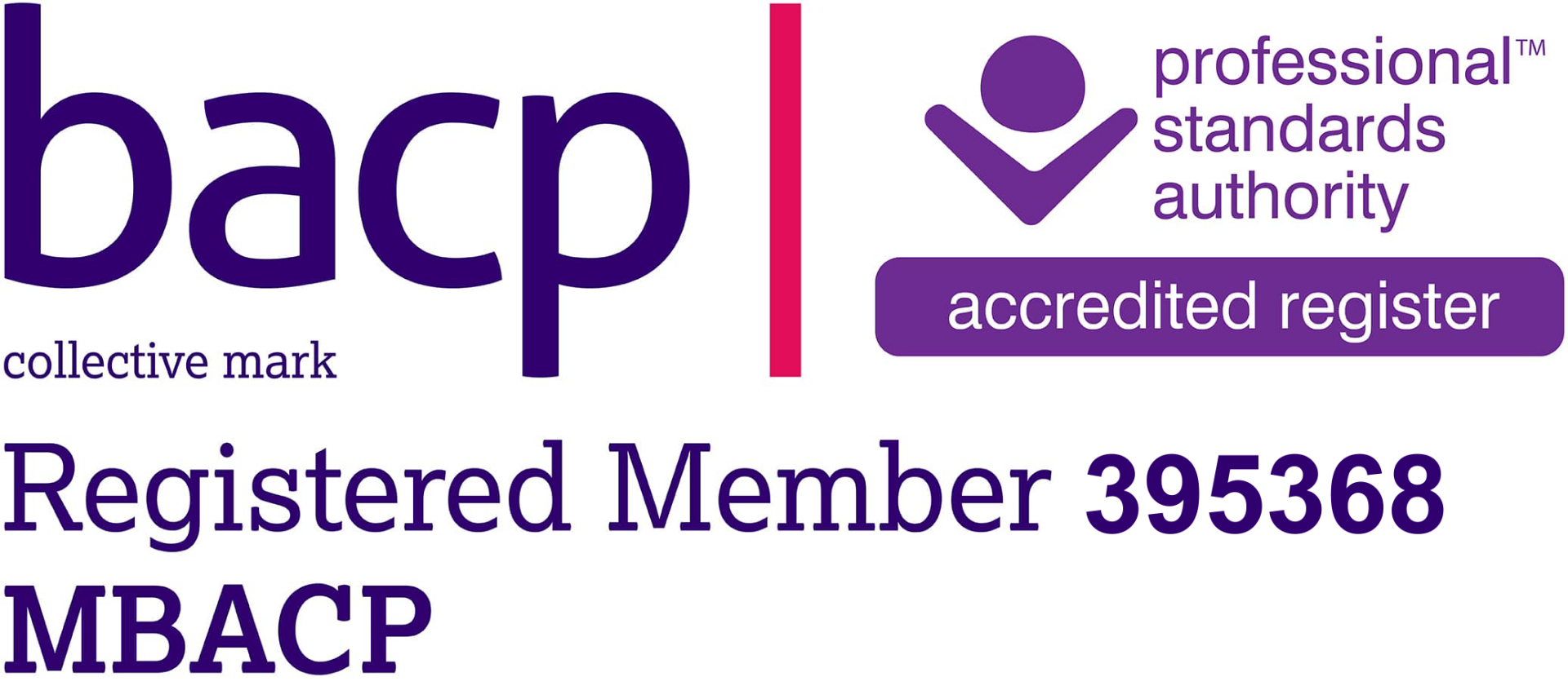BACP Registered Member 395368 MBACP — British Association for Counselling and Psychotherapy, Professional Standards Authority accredited register